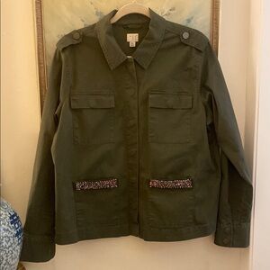 Green Military Style Jacket with Embellished Pockets